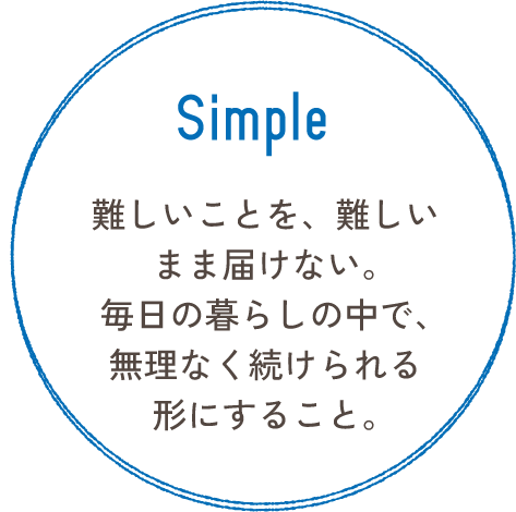 Simple 難しいことを、難しいまま届けない。毎日の暮らしの中で、無理なく続けられる形にすること。